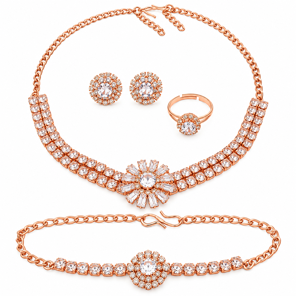 The99Jewel Crystal Stone Rose Gold Plated Necklace Set with Matching Drop Earrings