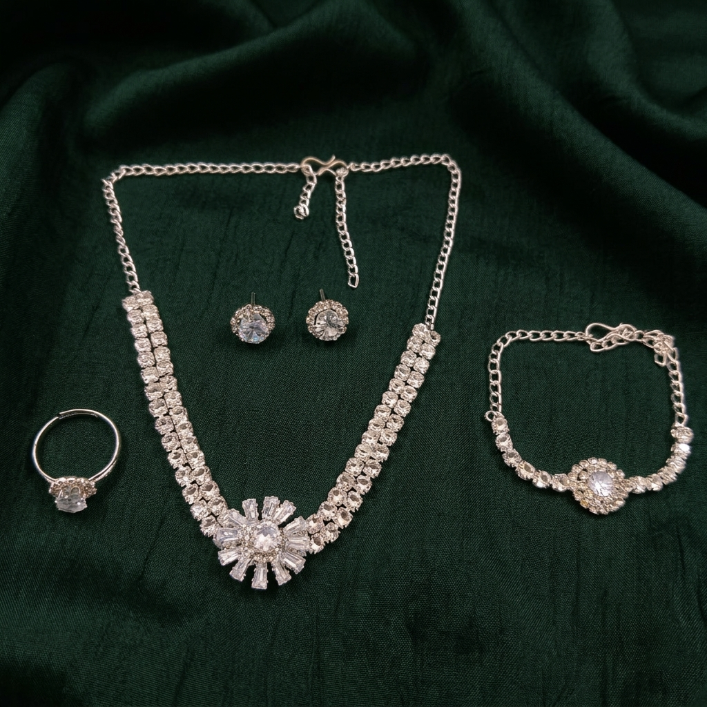 The99Jewel American Diamond Silver Plated Necklace, Earrings, Ring And Bracelet Combo