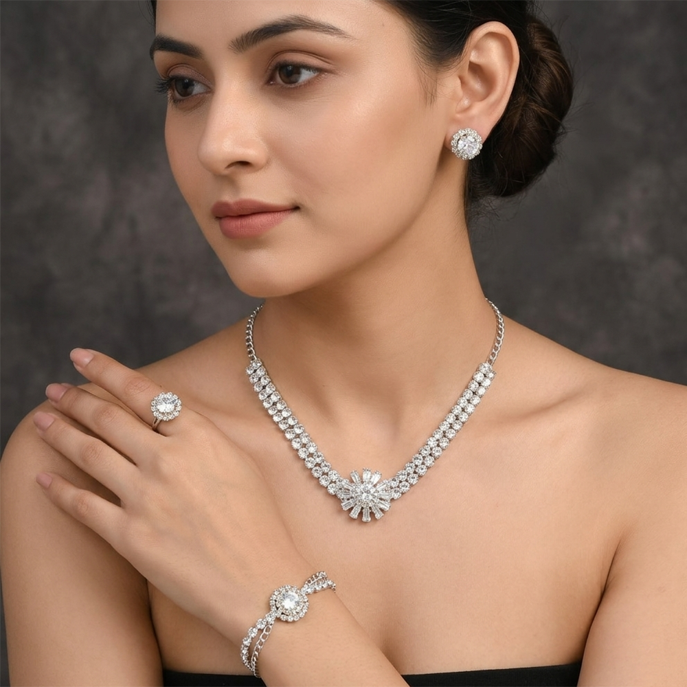 The99Jewel American Diamond Silver Plated Necklace, Earrings, Ring And Bracelet Combo
