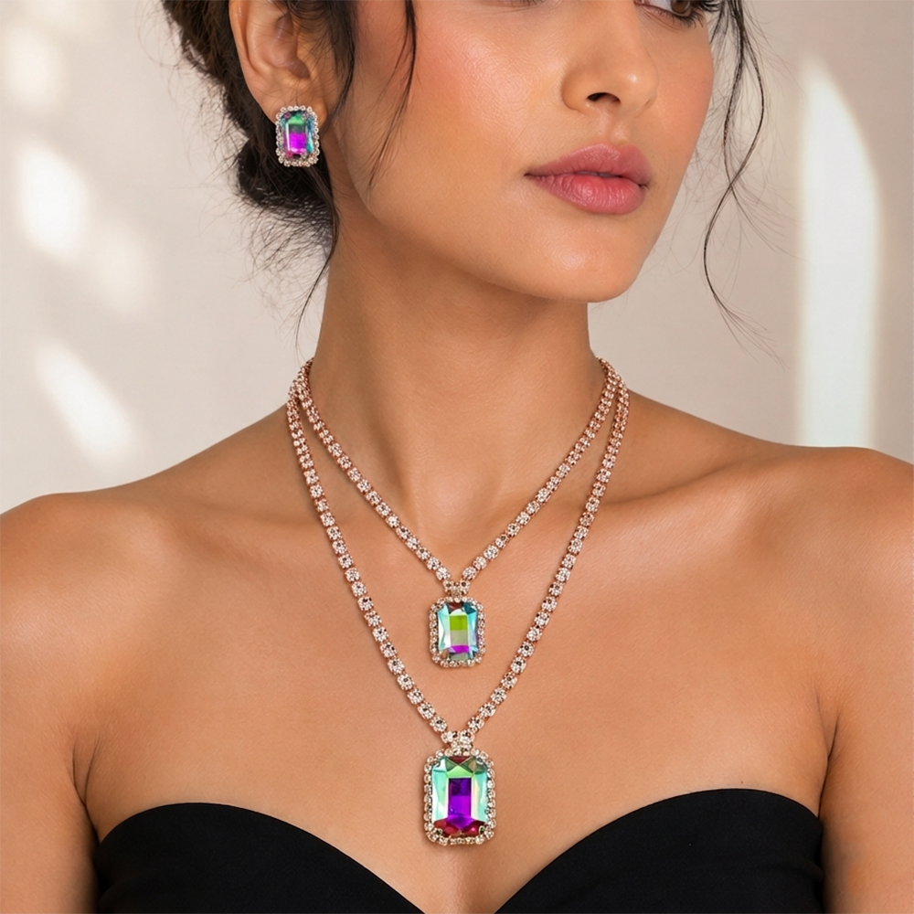 The99Jewel Elegant Rose Gold Plated Crystal Stone Necklace Set