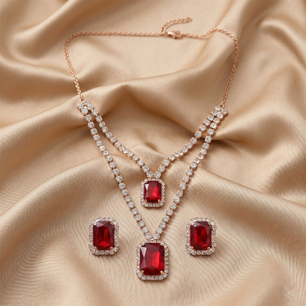 The99Jewel Elegant Rose Gold Plated Crystal Stone Necklace Set