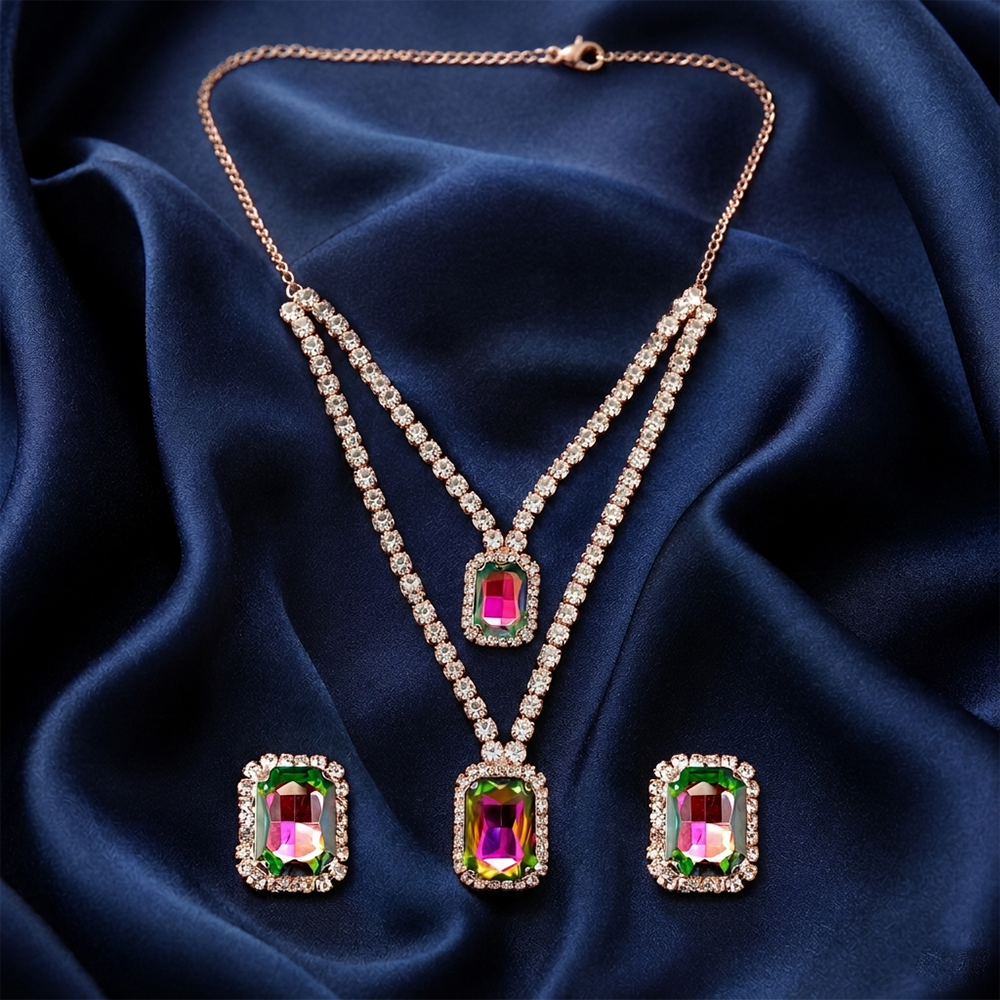 The99Jewel Elegant Rose Gold Plated Crystal Stone Necklace Set