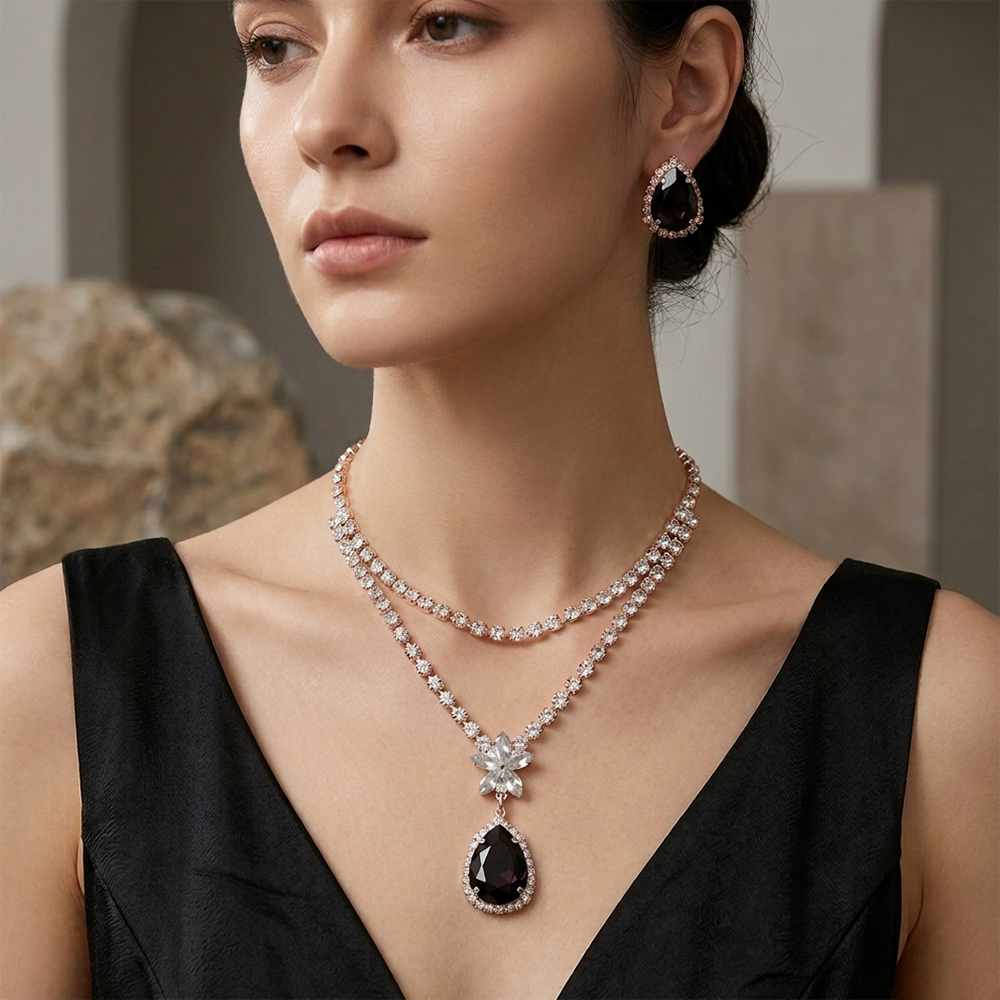 The99Jewel Elegant Rose Gold Plated Crystal Stone & Austrian Stone Necklace Set