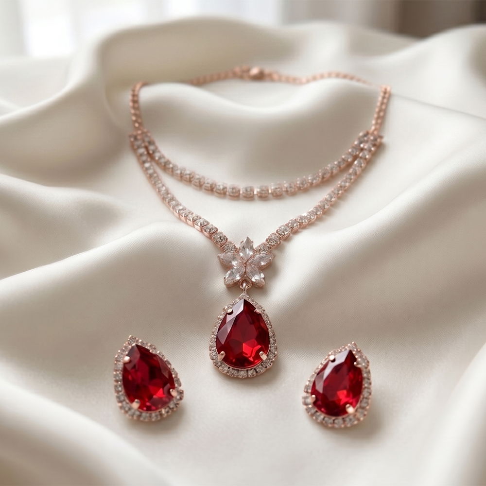 The99Jewel Elegant Rose Gold Plated Crystal Stone & Austrian Stone Necklace Set