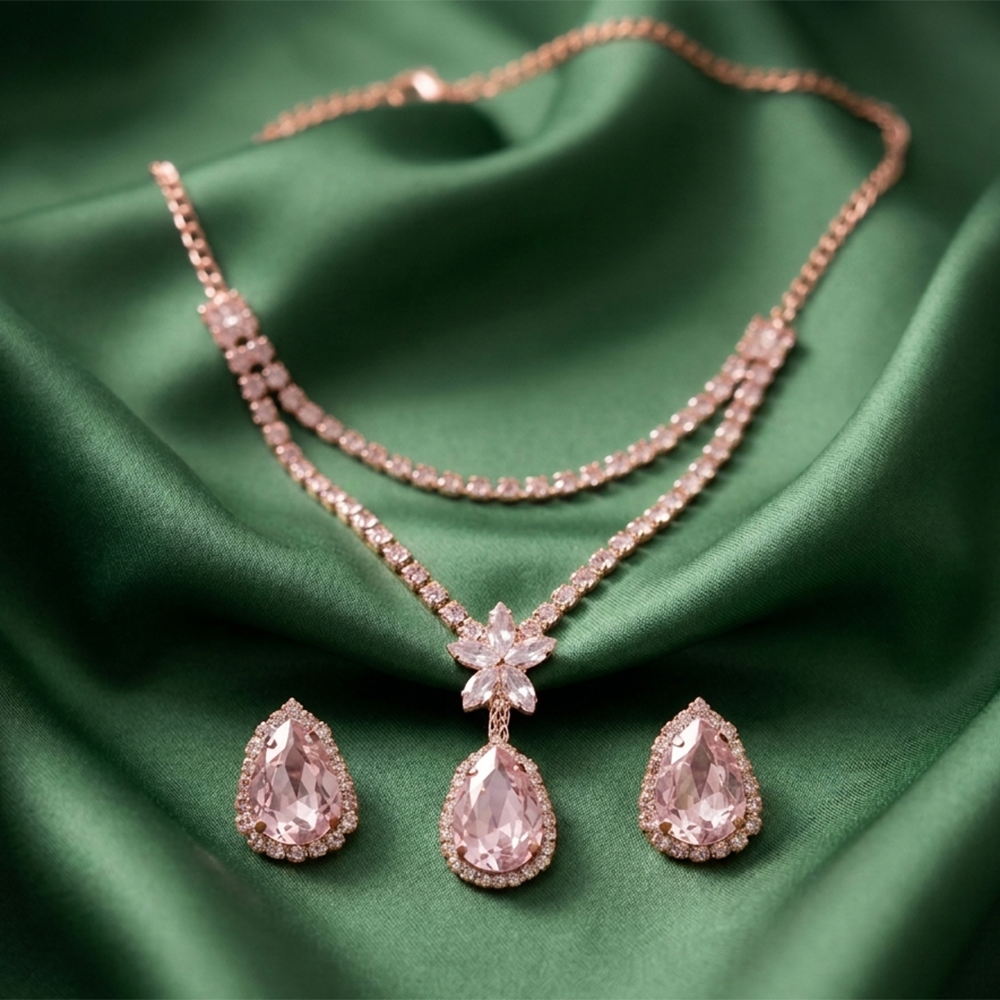 The99Jewel Elegant Rose Gold Plated Crystal Stone & Austrian Stone Necklace Set 