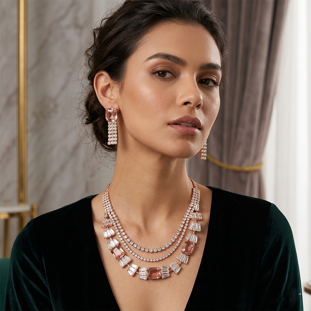 The99Jewel Elegant Rose Gold Plated Crystal Stone Necklace Set