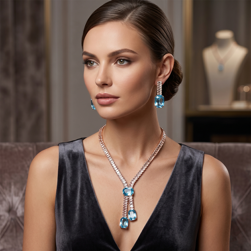 The99Jewel Elegant Rose Gold Plated Crystal Stone Necklace Set