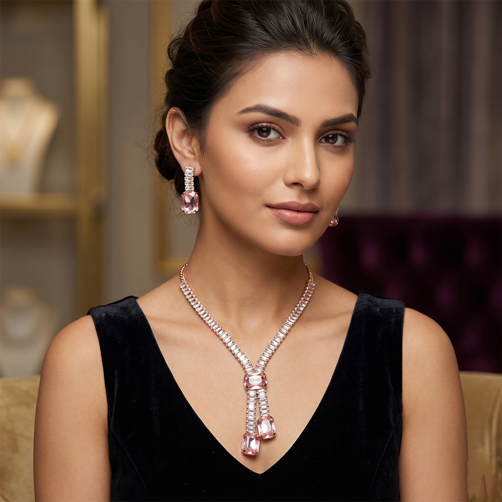 The99Jewel Elegant Rose Gold Plated Crystal Stone Necklace Set