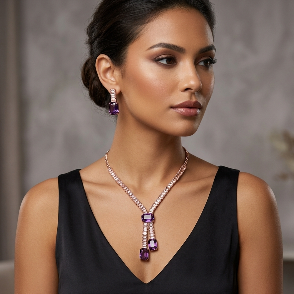 The99Jewel Elegant Rose Gold Plated Crystal Stone Necklace Set