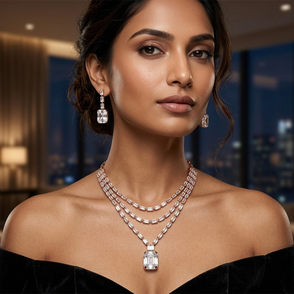 The99Jewel Elegant Rose Gold Plated Crystal Stone Necklace Set