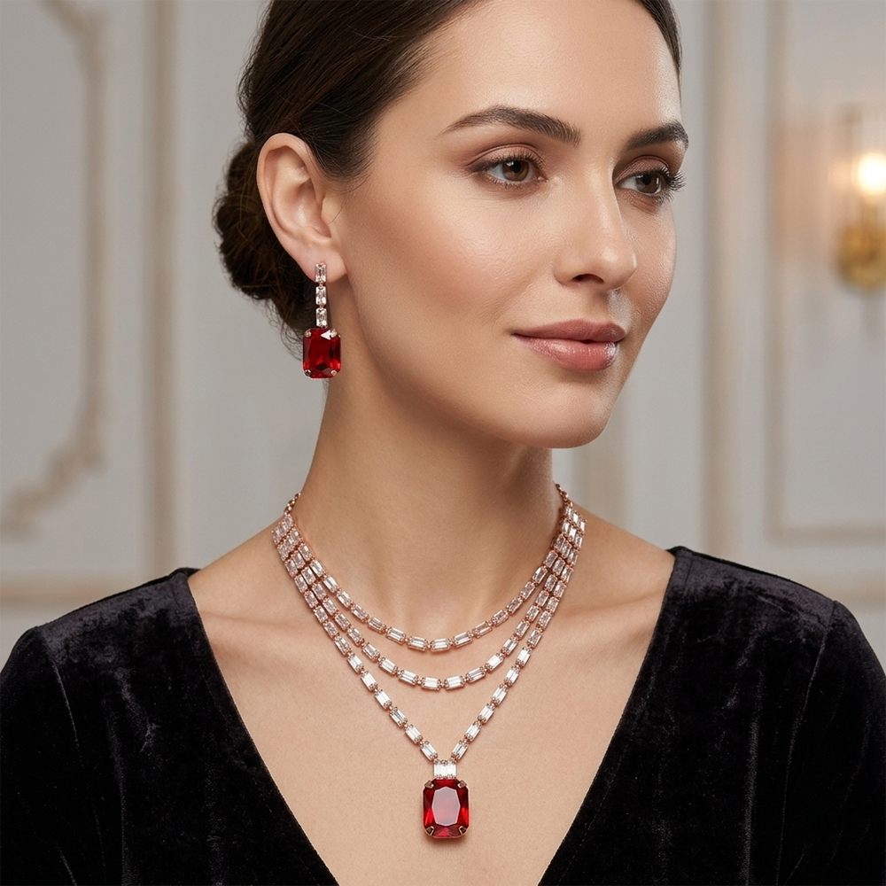 The99Jewel Elegant Rose Gold Plated Crystal Stone Necklace Set