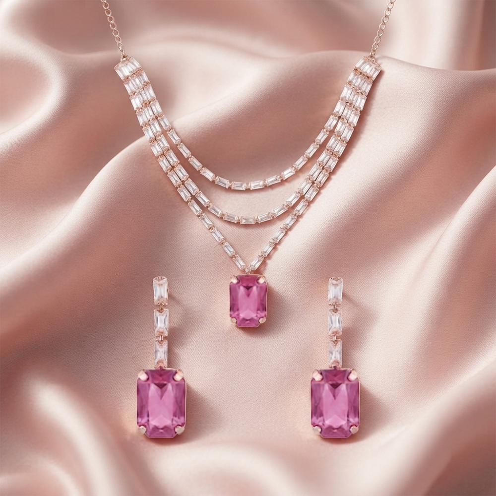 The99Jewel Elegant Rose Gold Plated Crystal Stone Layer Necklace Set for Women