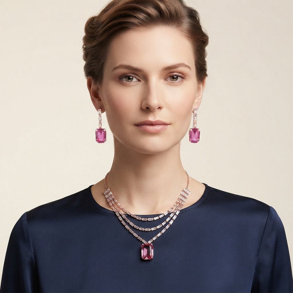 The99Jewel Elegant Rose Gold Plated Crystal Stone Layer Necklace Set for Women