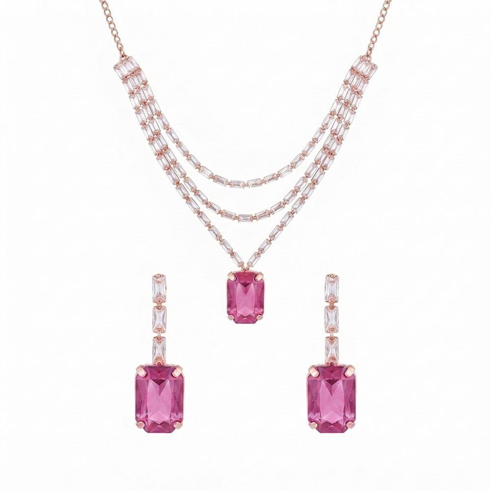 The99Jewel Elegant Rose Gold Plated Crystal Stone Layer Necklace Set for Women