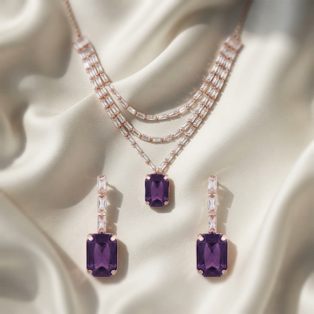The99Jewel Elegant Rose Gold Plated Crystal Stone Layer Necklace Set for Women