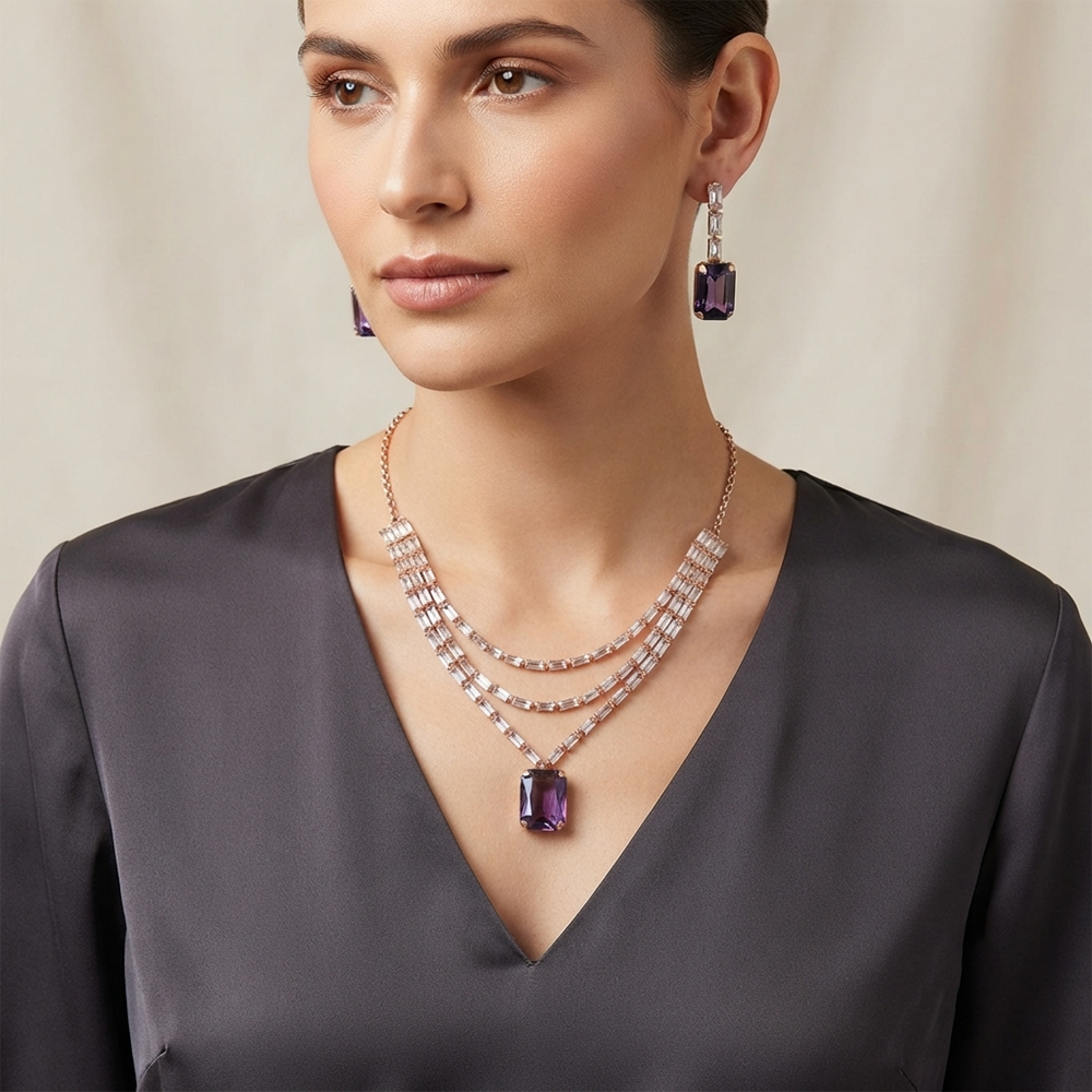 The99Jewel Elegant Rose Gold Plated Crystal Stone Layer Necklace Set for Women