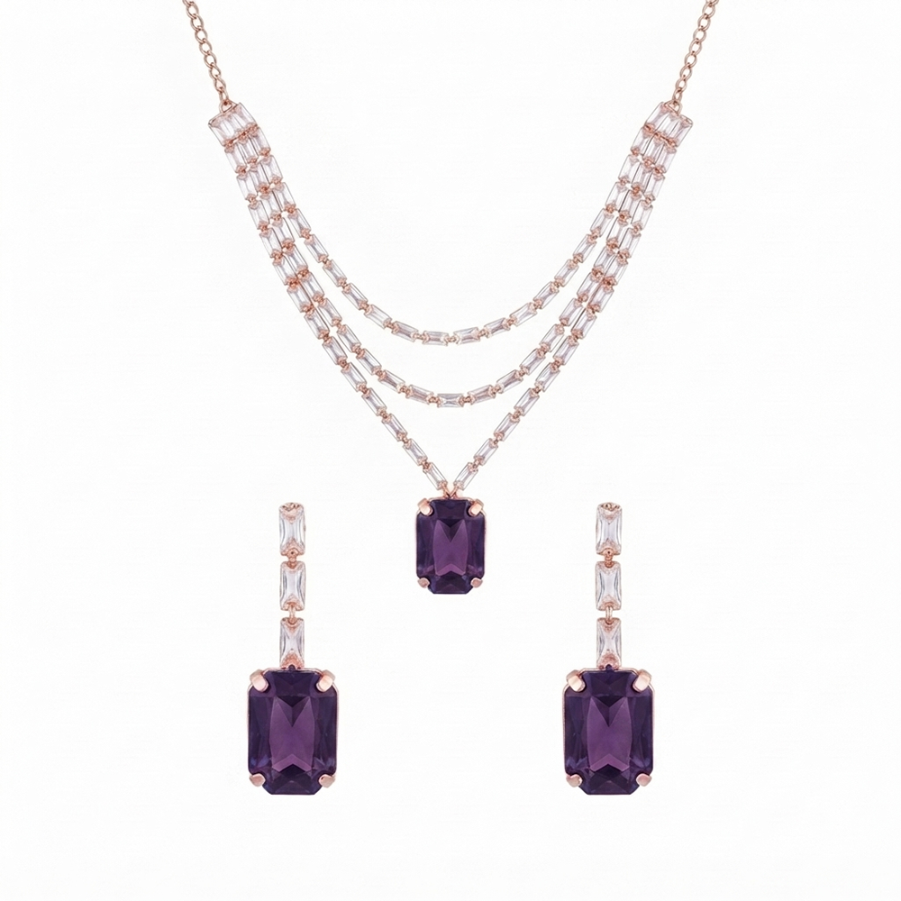 The99Jewel Elegant Rose Gold Plated Crystal Stone Layer Necklace Set for Women