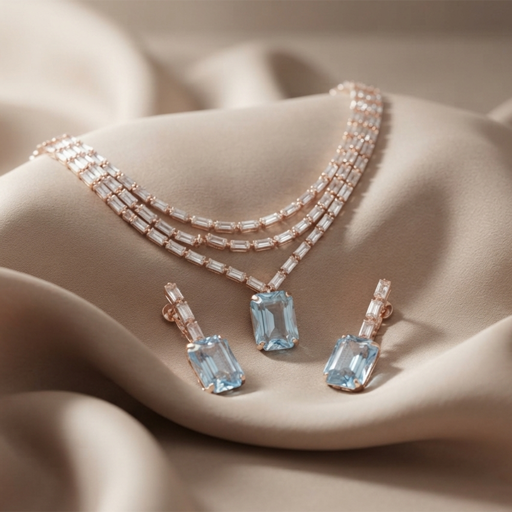 The99Jewel Elegant Rose Gold Plated Crystal Stone Layer Necklace Set for Women