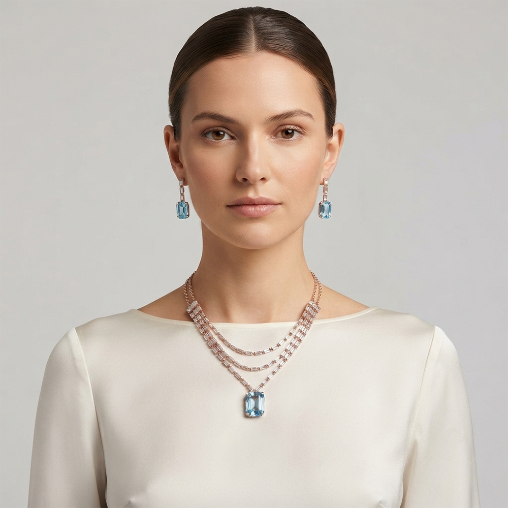 The99Jewel Elegant Rose Gold Plated Crystal Stone Layer Necklace Set for Women