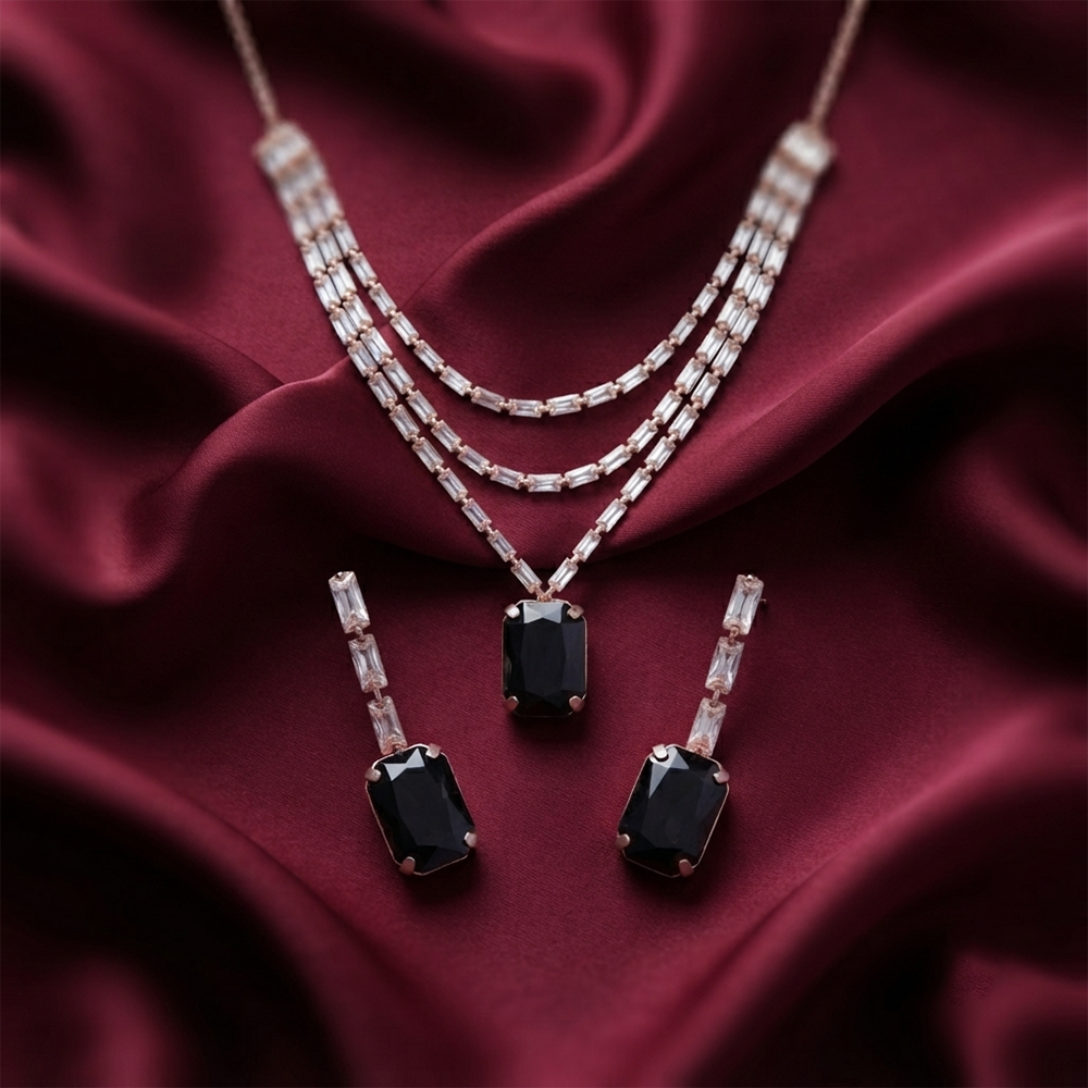 The99Jewel Elegant Rose Gold Plated Crystal Stone Layer Necklace Set for Women