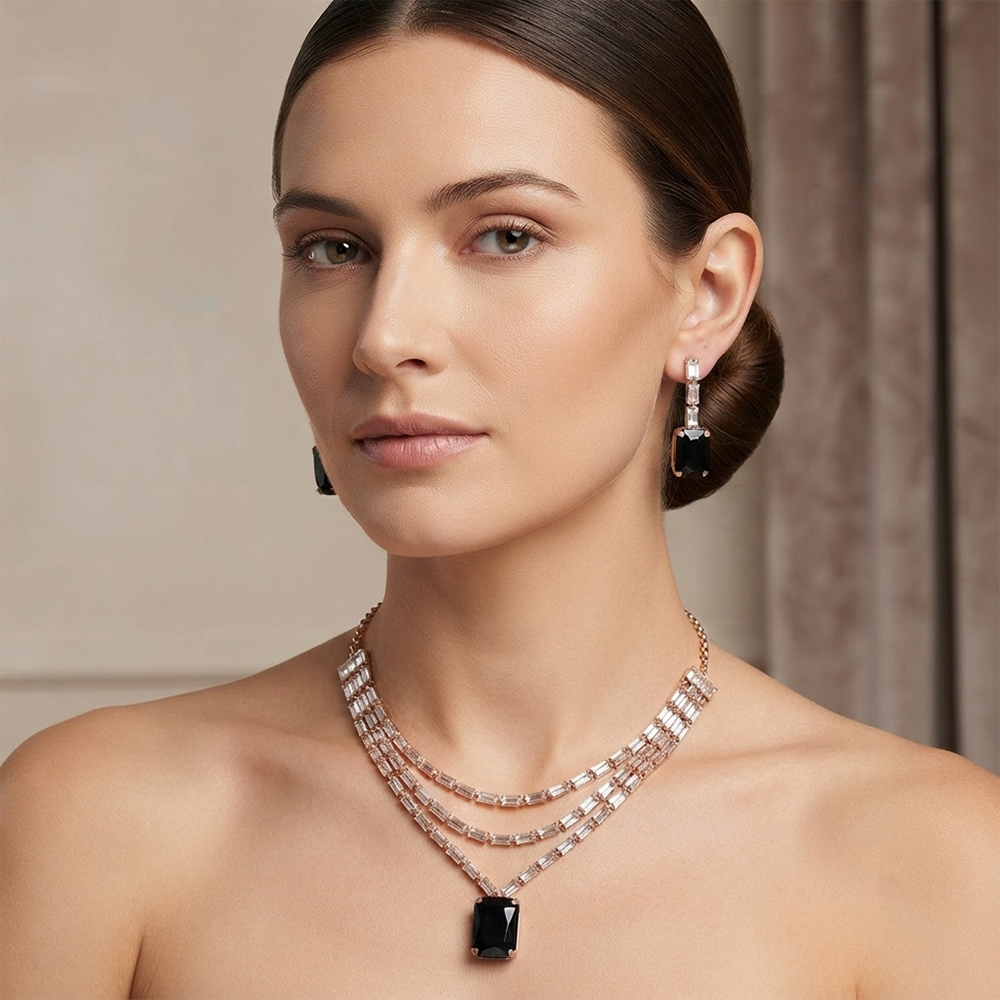 The99Jewel Elegant Rose Gold Plated Crystal Stone Layer Necklace Set for Women