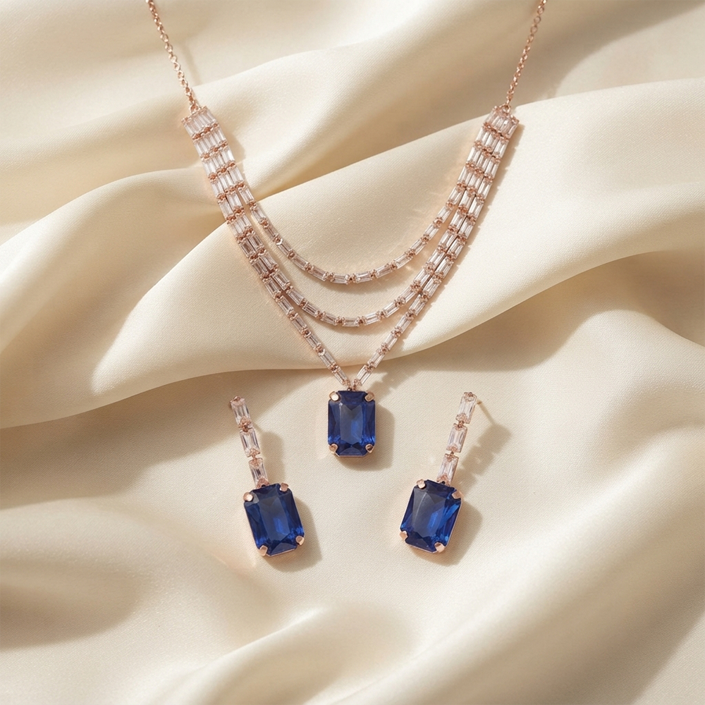 The99Jewel Elegant Rose Gold Plated Crystal Stone Layer Necklace Set for Women