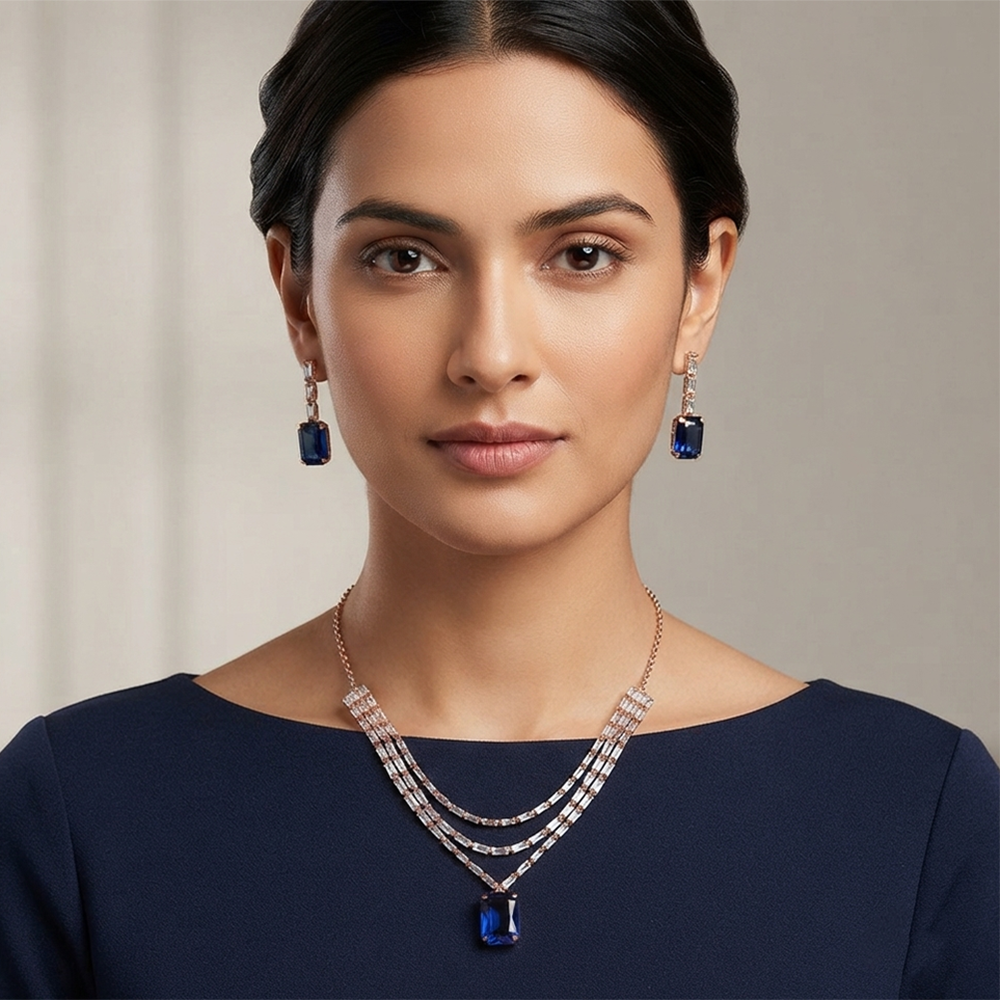 The99Jewel Elegant Rose Gold Plated Crystal Stone Layer Necklace Set for Women