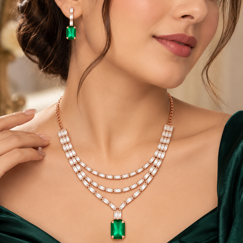 The99Jewel Gold Plated Crystal Stone Multi Layer Necklace Set for Women Elegant Fashion Jewellery