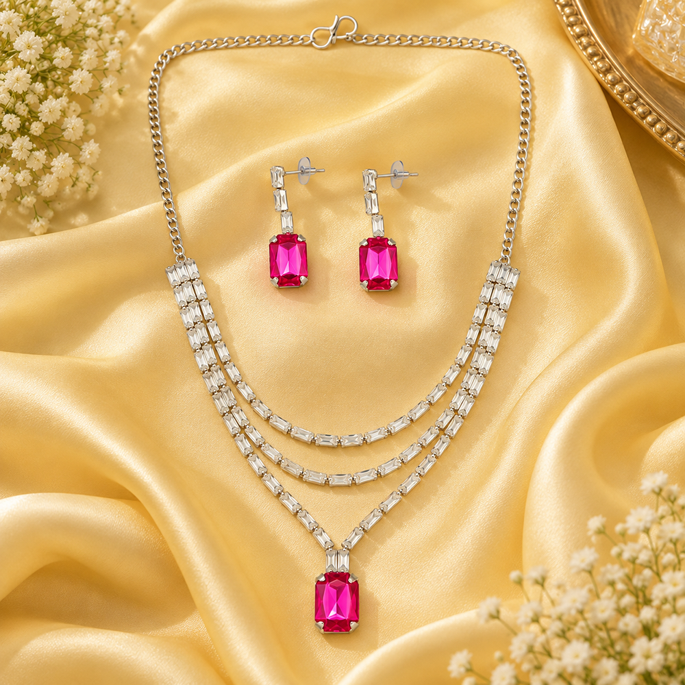The99Jewel Silver Plated Crystal Stone Multi Layer Necklace Set for Women Elegant Fashion Jewellery