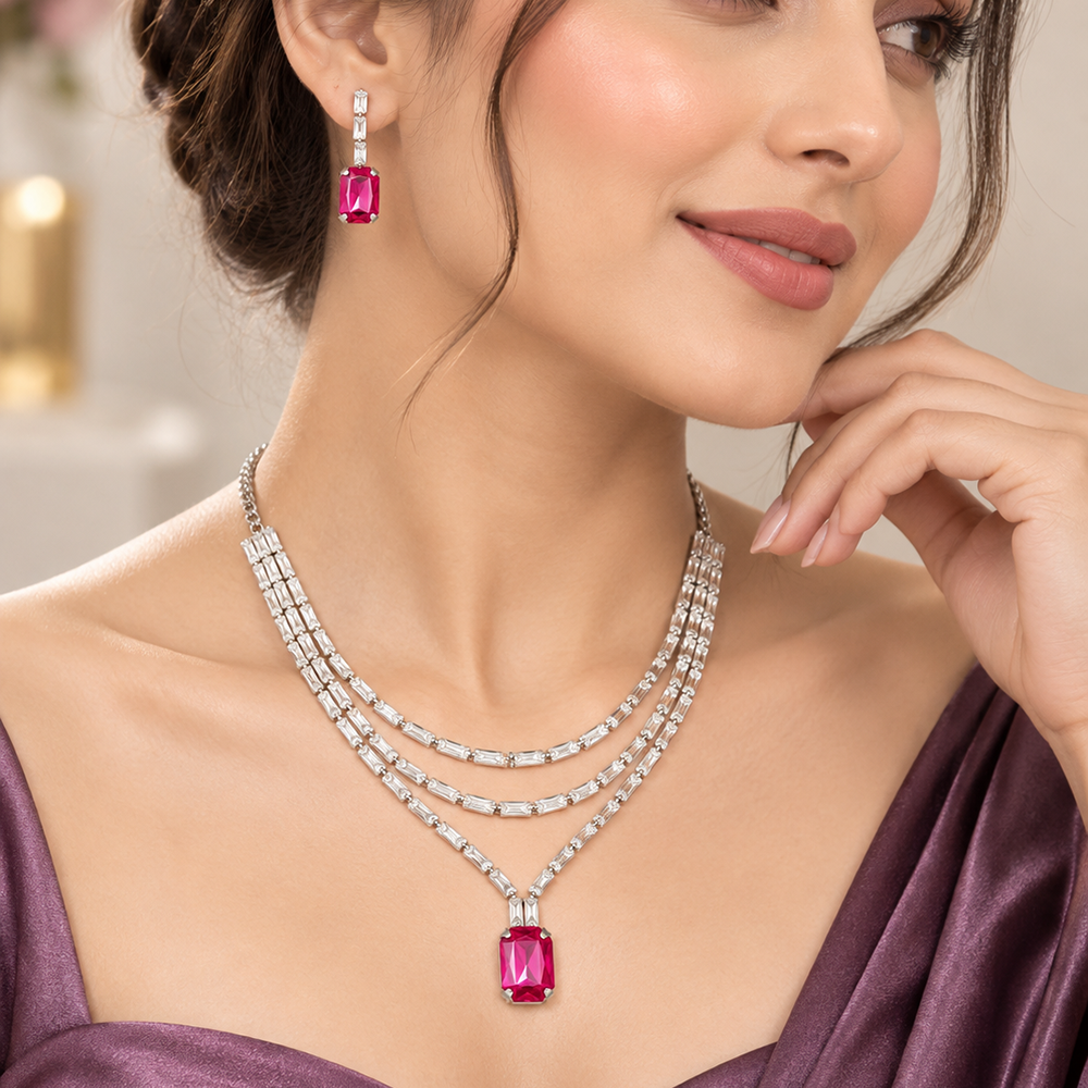 The99Jewel Silver Plated Crystal Stone Multi Layer Necklace Set for Women Elegant Fashion Jewellery