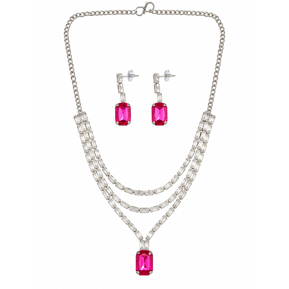The99Jewel Silver Plated Crystal Stone Multi Layer Necklace Set for Women Elegant Fashion Jewellery