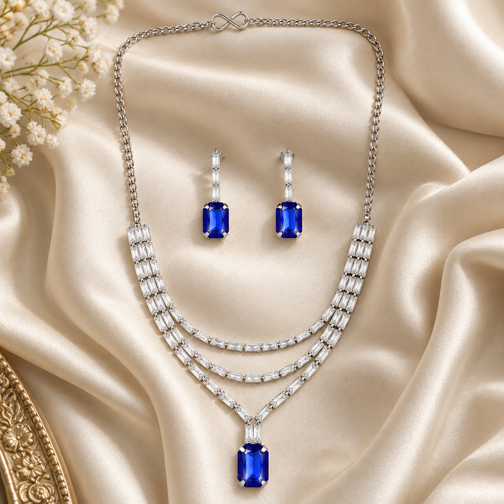 The99Jewel Silver Plated Crystal Stone Multi Layer Necklace Set for Women Elegant Fashion Jewellery