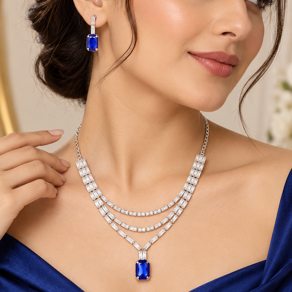 The99Jewel Silver Plated Crystal Stone Multi Layer Necklace Set for Women Elegant Fashion Jewellery