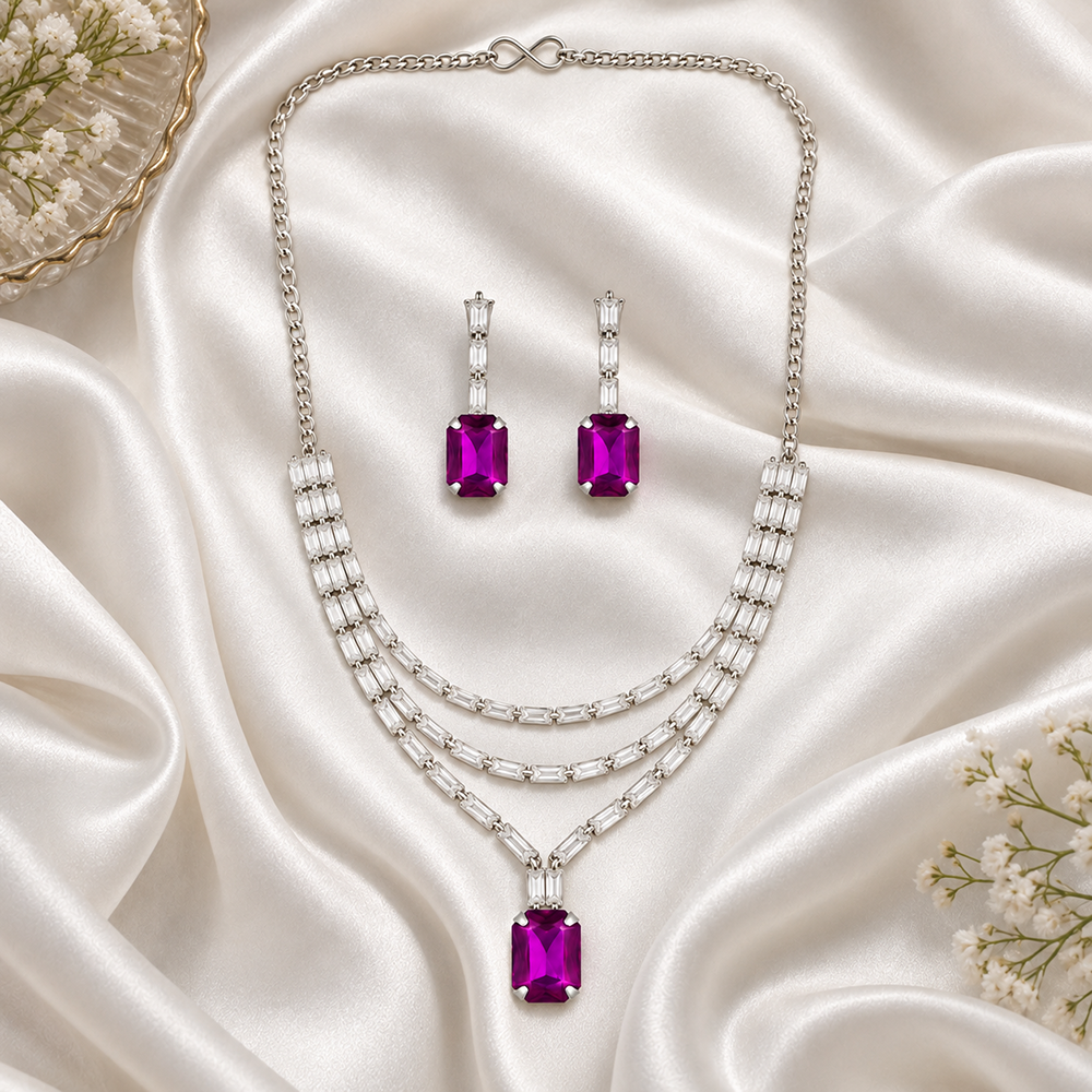 The99Jewel Silver Plated Crystal Stone Multi Layer Necklace Set for Women Elegant Fashion Jewellery