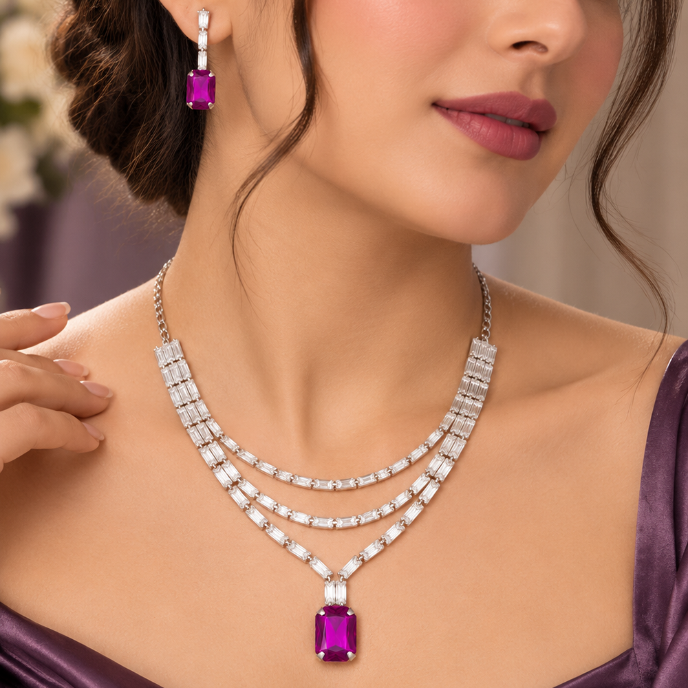 The99Jewel Silver Plated Crystal Stone Multi Layer Necklace Set for Women Elegant Fashion Jewellery
