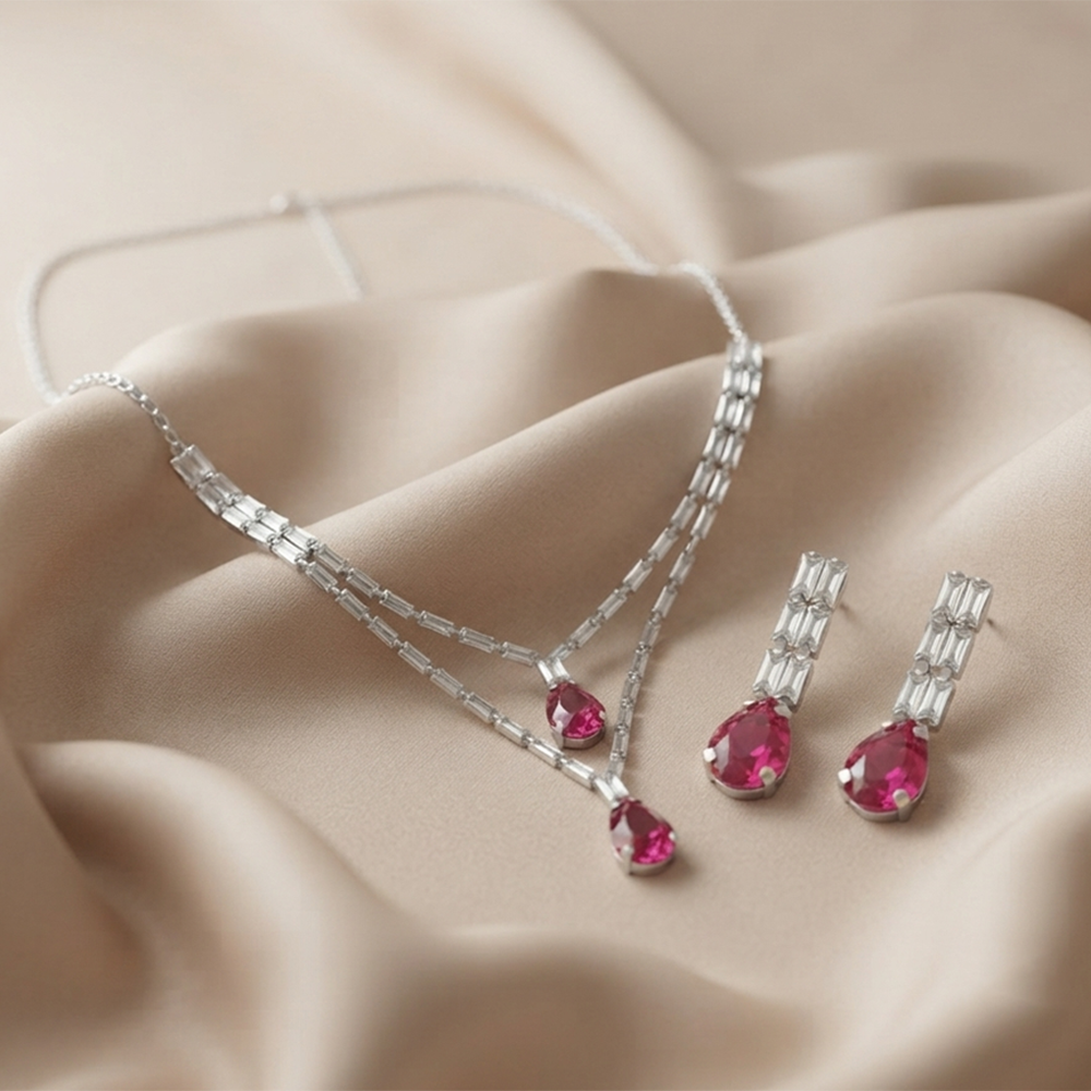 The99Jewel Elegant Silver Plated Crystal Stone Layer Necklace Set for Women