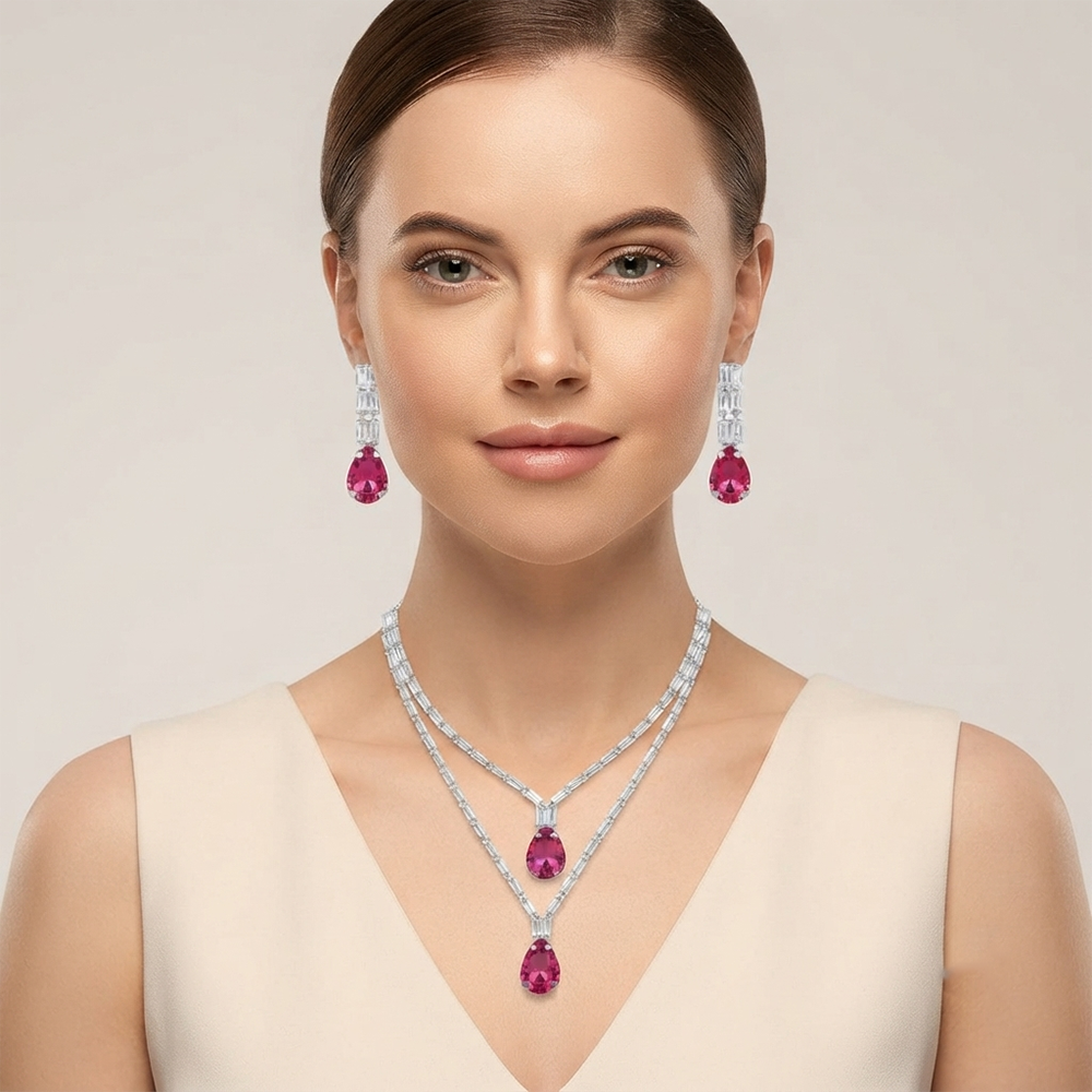 The99Jewel Elegant Silver Plated Crystal Stone Layer Necklace Set for Women
