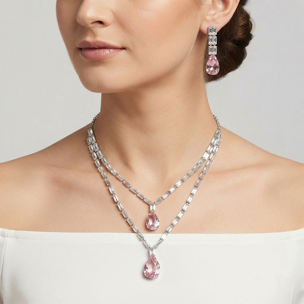 The99Jewel Elegant Silver Plated Crystal Stone Layer Necklace Set for Women
