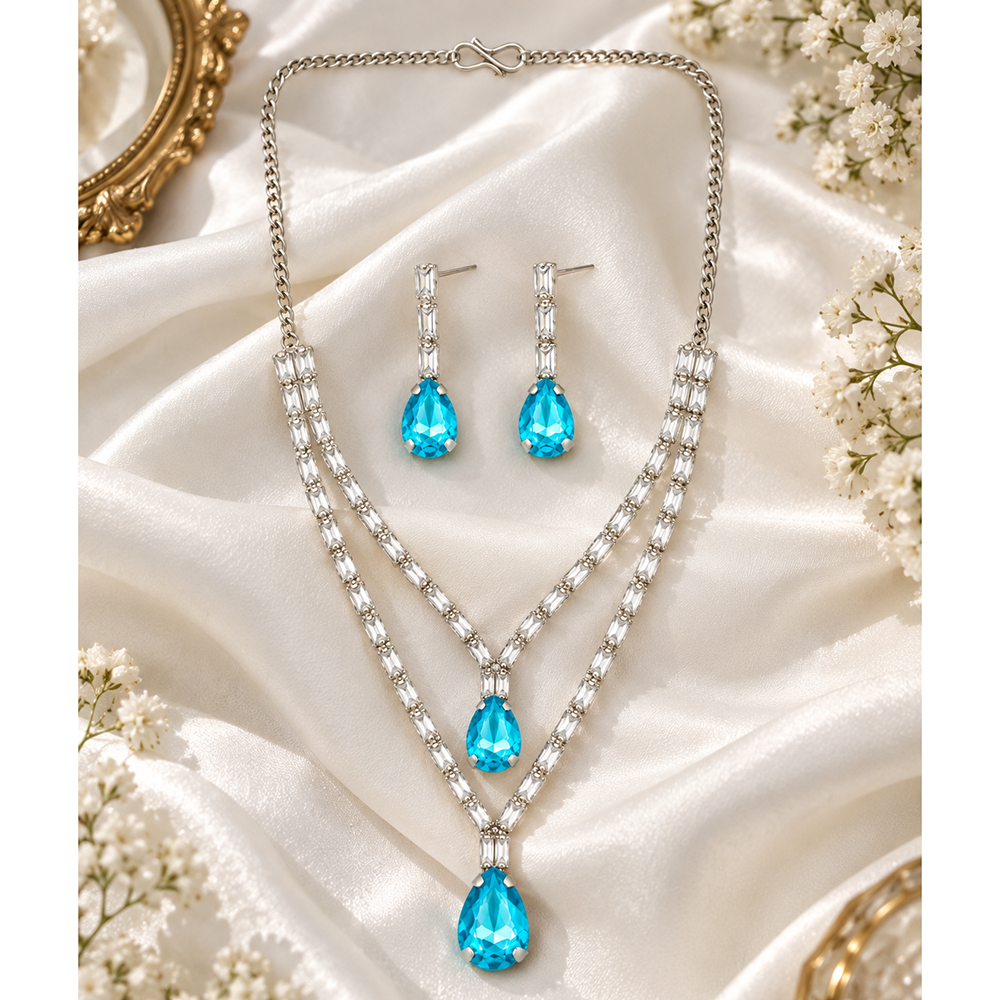 The99Jewel Silver Plated Crystal Stone Multi Layer Necklace Set for Women Elegant Fashion Jewellery