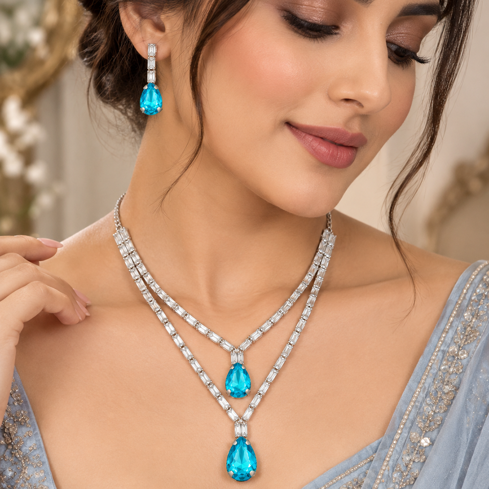 The99Jewel Silver Plated Crystal Stone Multi Layer Necklace Set for Women Elegant Fashion Jewellery