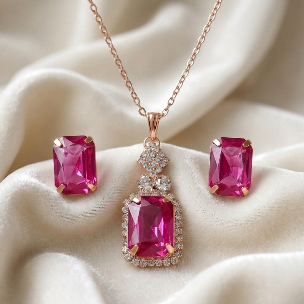The99Jewel Elegant Rose Gold Plated Crystal Stone & Austrian Stone Necklace Set 