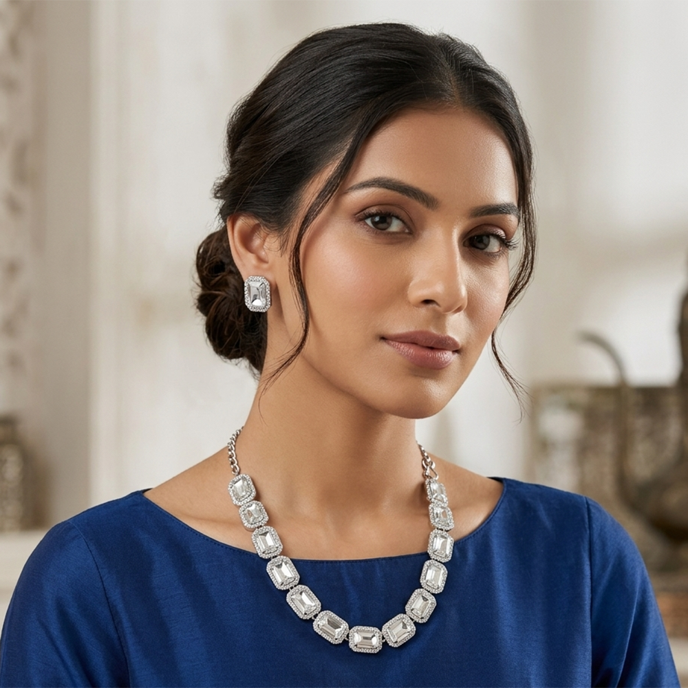The99Jewel Silver Plated Sparkling Crystal Stone Necklace Set