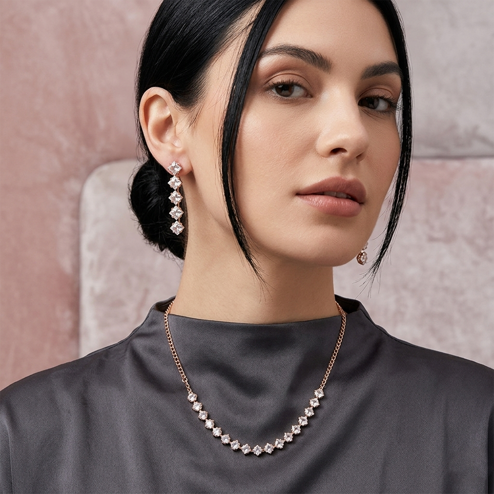 The99Jewel Crystal Stone Rose Gold Plated Necklace Set with Matching Drop Earrings