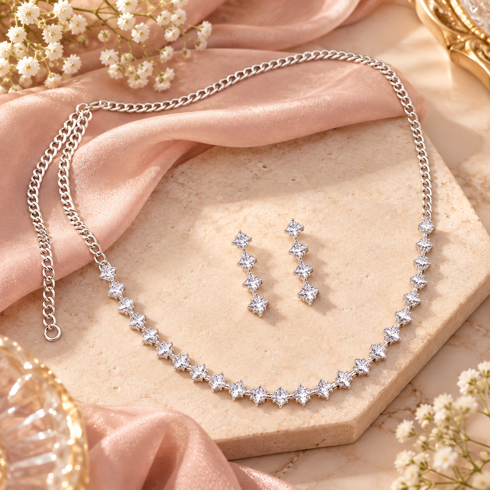 The99Jewel Crystal Stone Silver Plated Necklace Set with Matching Drop Earrings