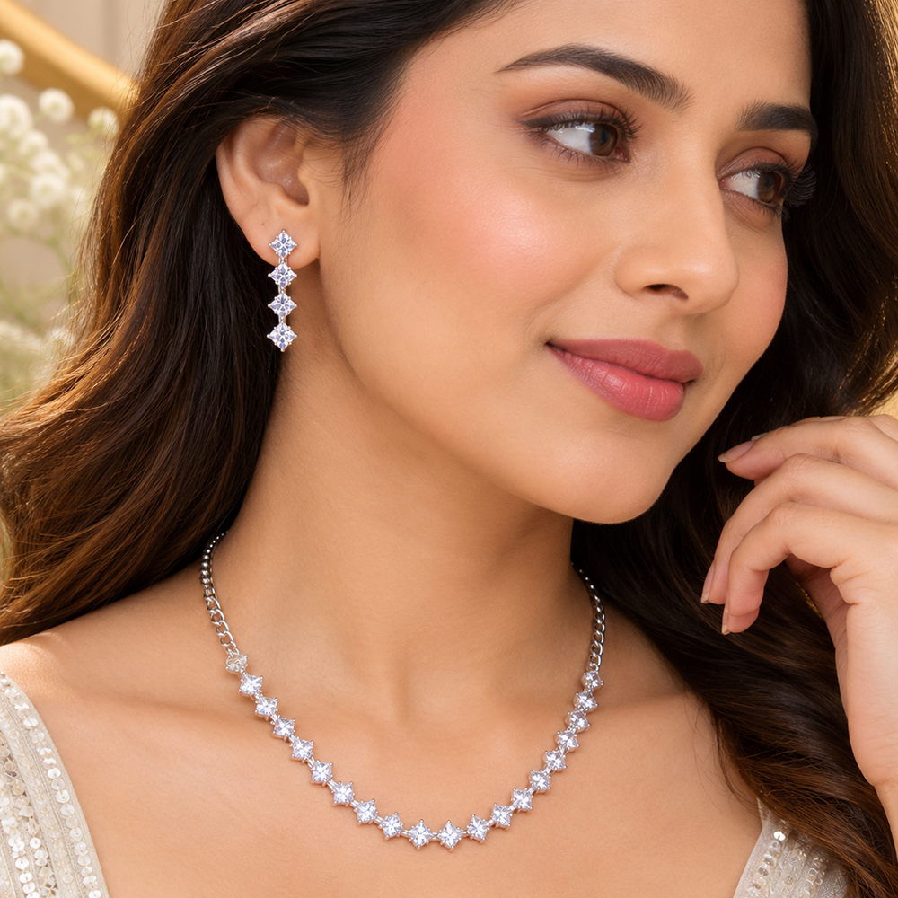 The99Jewel Crystal Stone Silver Plated Necklace Set with Matching Drop Earrings