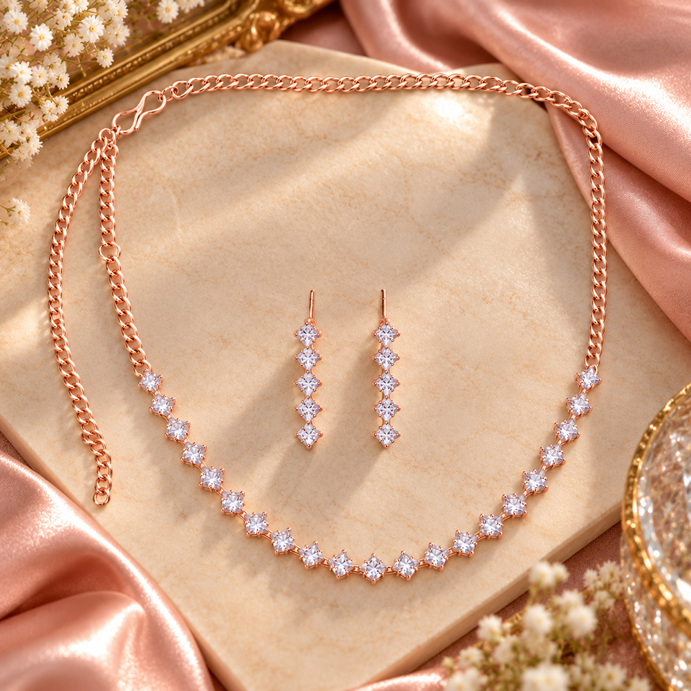 The99Jewel Crystal Stone Rose Gold Plated Necklace Set with Matching Drop Earrings
