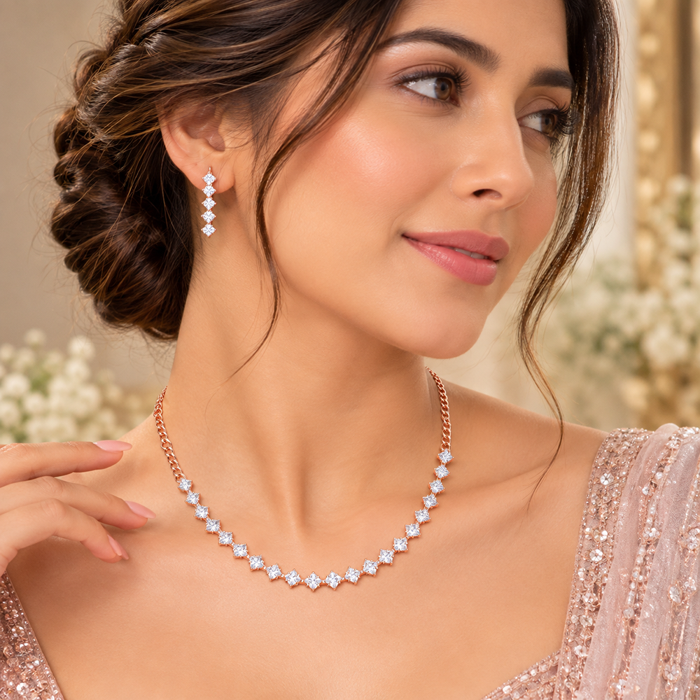 The99Jewel Crystal Stone Rose Gold Plated Necklace Set with Matching Drop Earrings