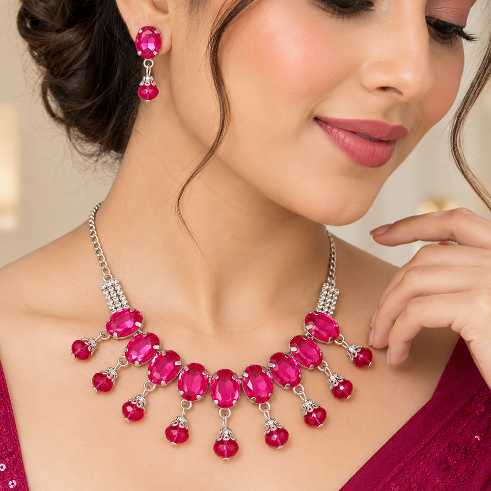 The99Jewel Silver Plated Crystal Stone Necklace Set for Women Elegant Fashion Jewellery