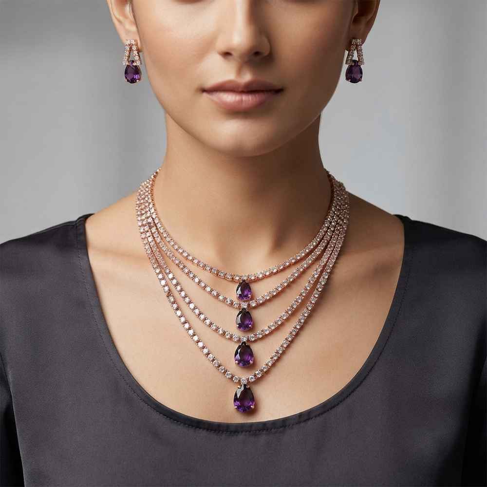 The99Jewel Elegant Rose Gold Plated Crystal Stone 4 Layer Necklace Set for Women