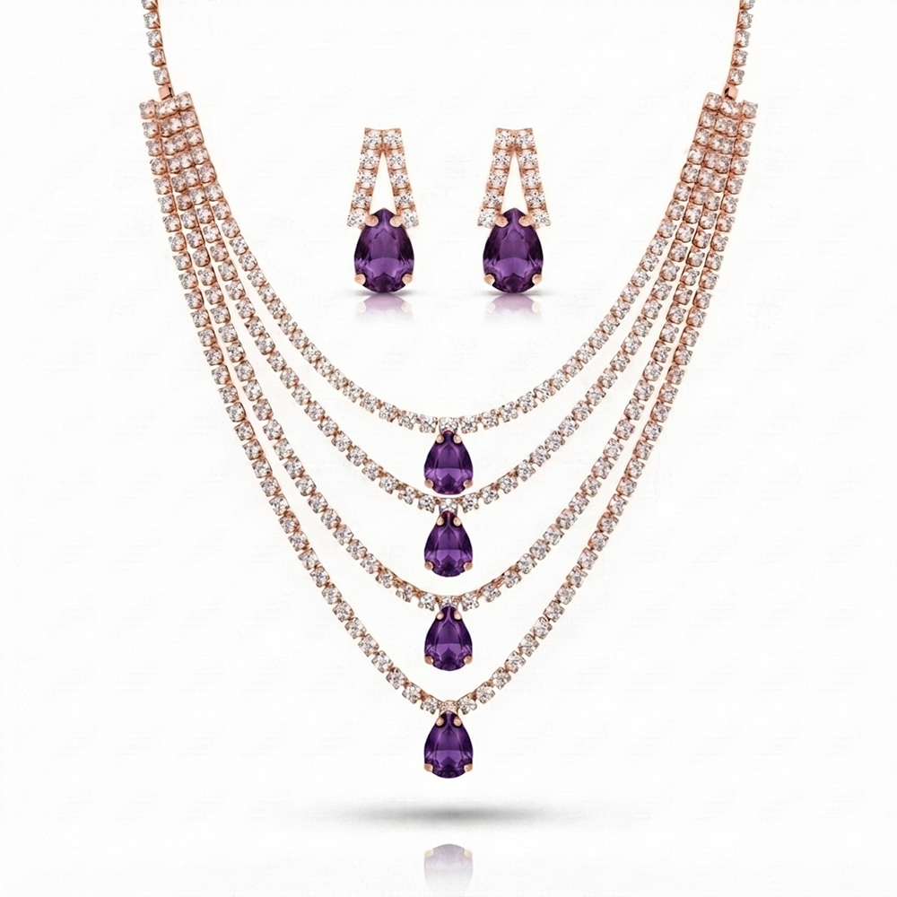 The99Jewel Elegant Rose Gold Plated Crystal Stone 4 Layer Necklace Set for Women
